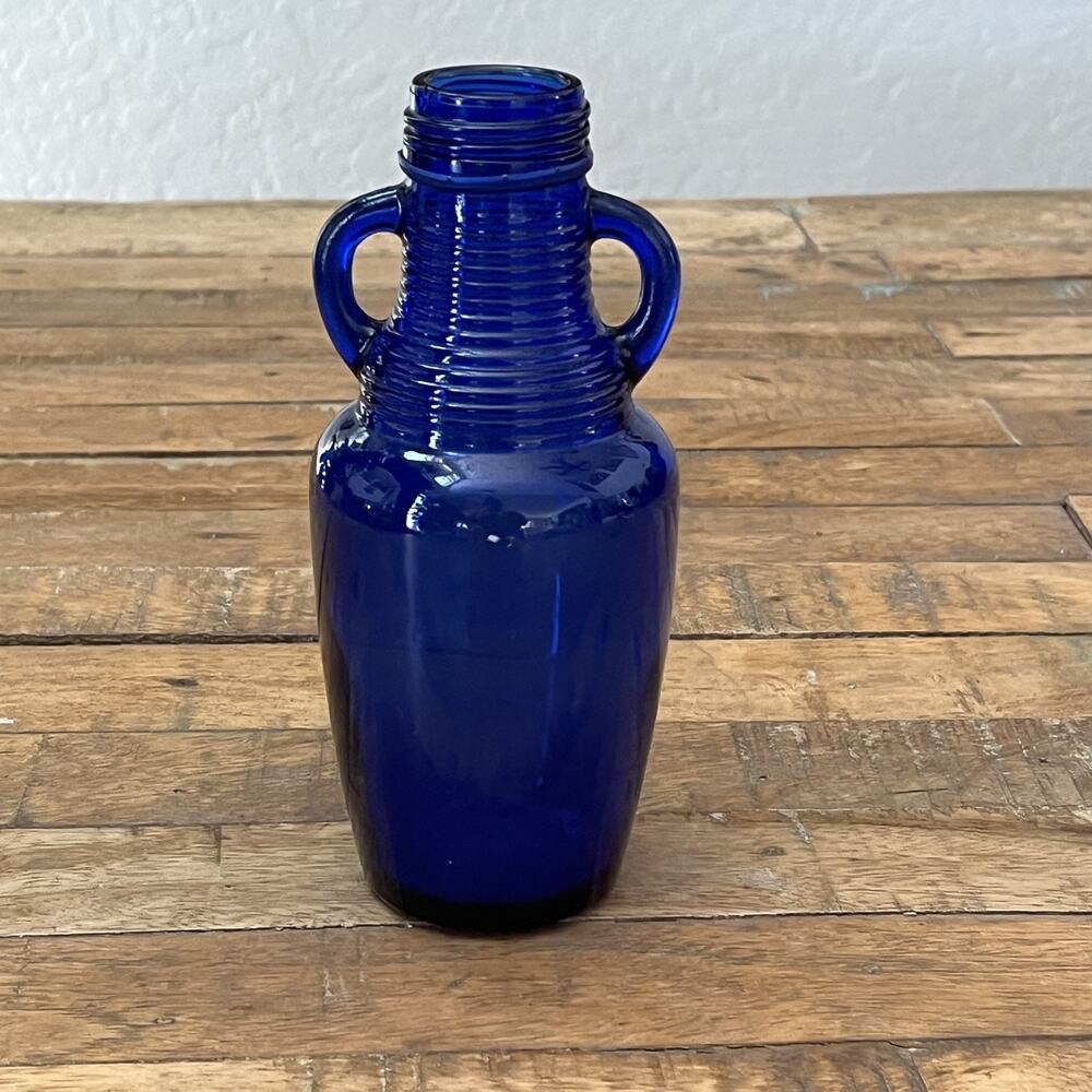 Vintage "Blue Luna Cafe" Cobalt Blue Ribbed Two-Handled Bottle 7.5" Without Lid